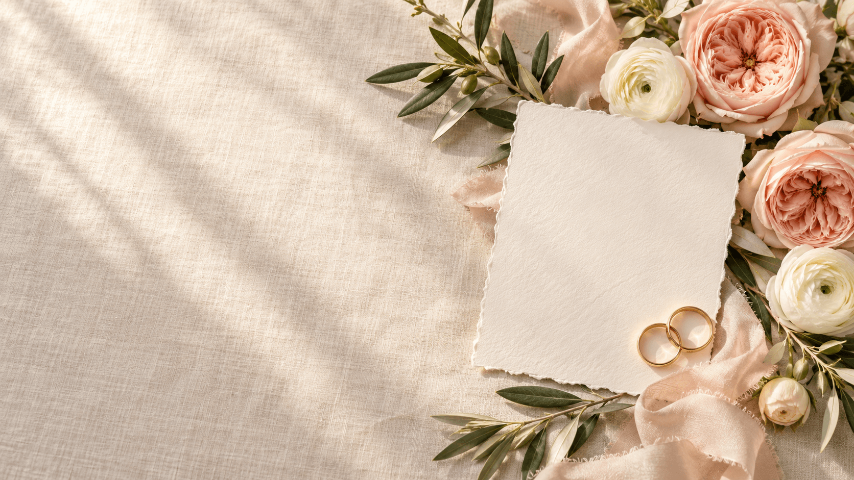 Wedding rings, blush flowers, and a blank invitation card on linen